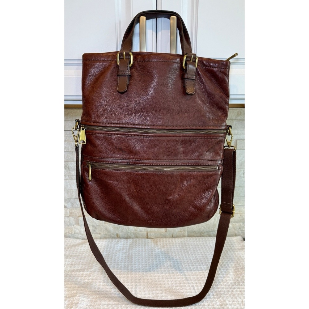 Fossil Leather Messenger Handbag Women's Purse Brown Hobo Crossbody Tote